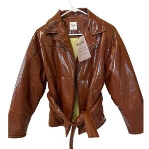 Tach Milena Quilted PU Jacket NWT Brown Faux Leather Cropped Tie Coat Womens XS